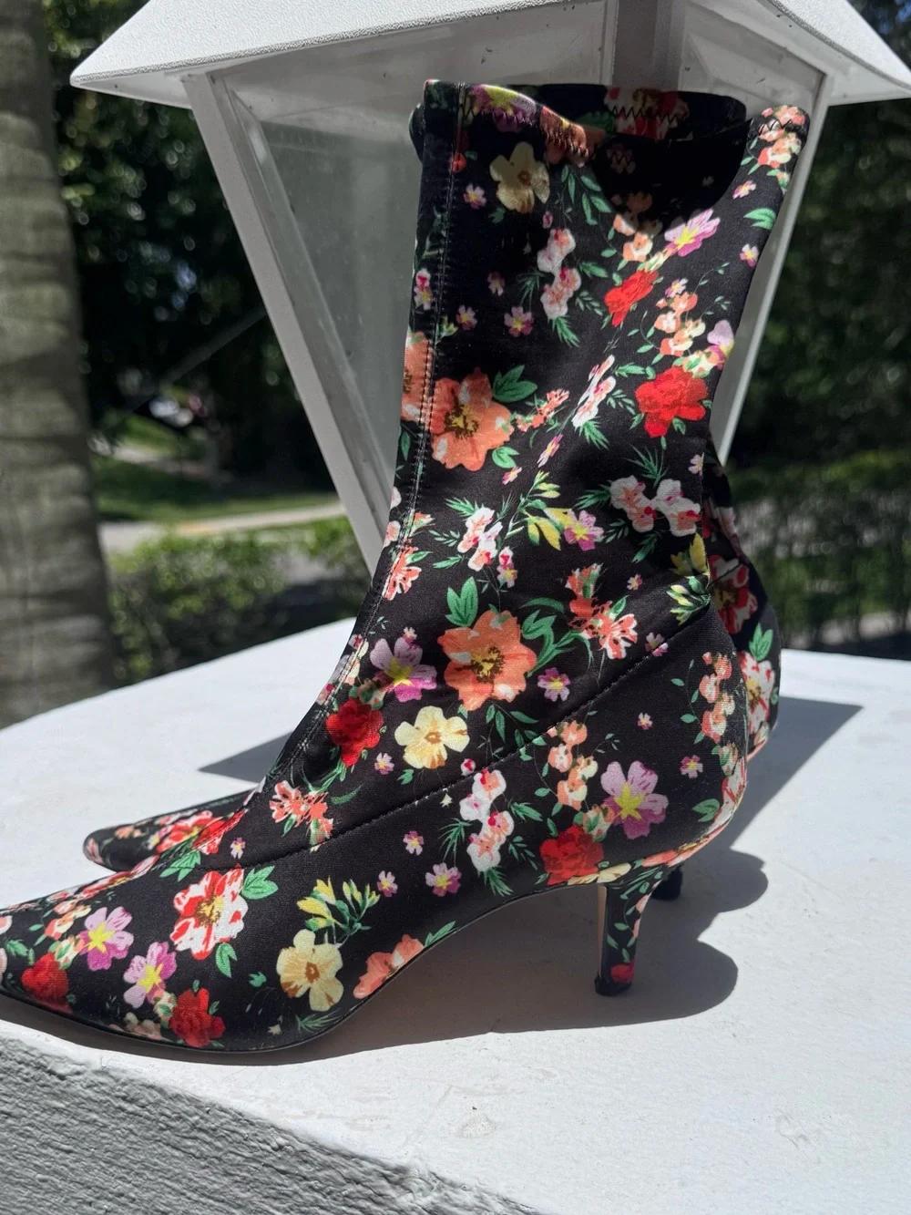 Steve Madden Black Floral Sock Booties with Chain Accent
